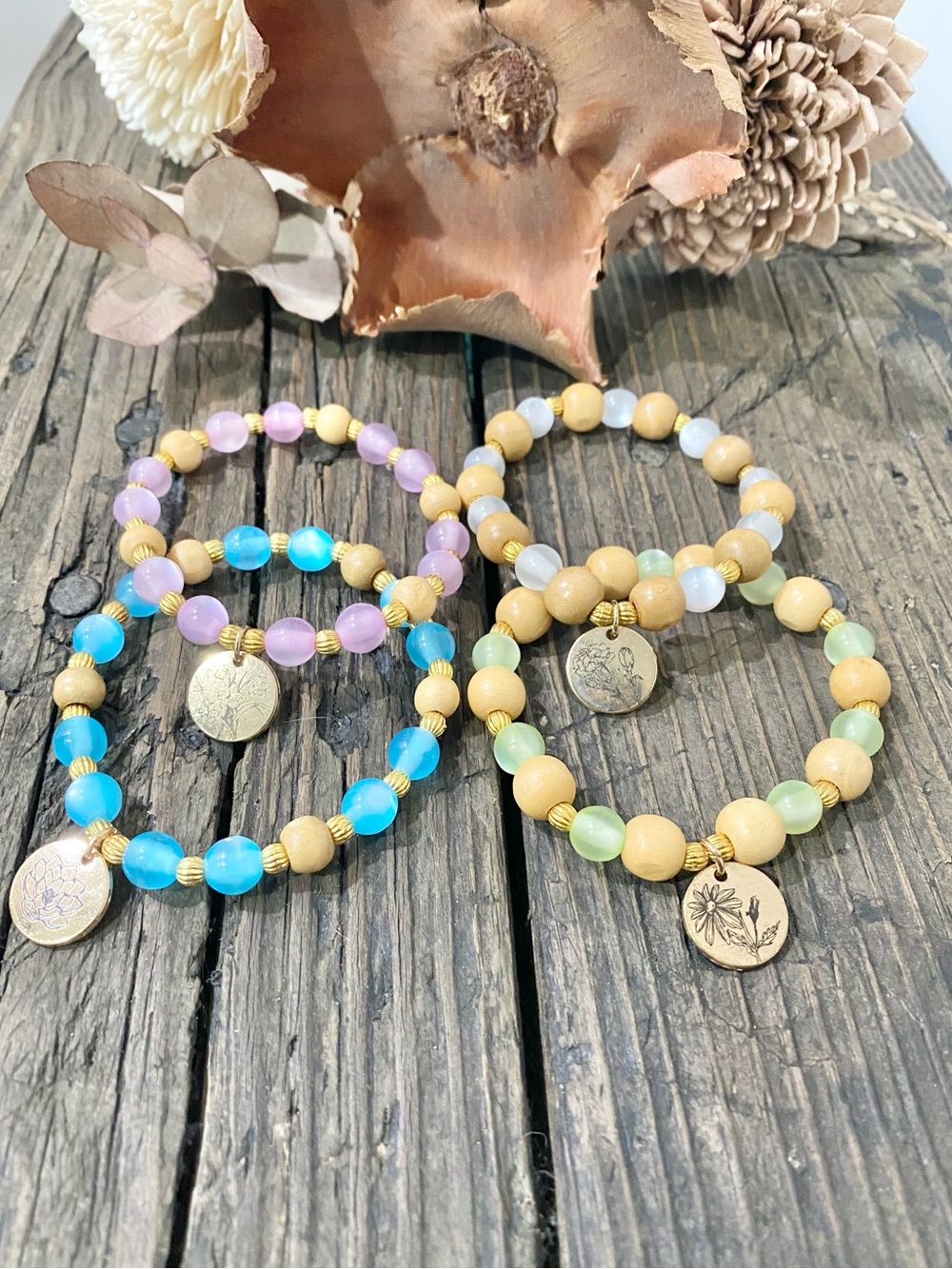 Multicolor Beaded Bracelet Set with Flower Charm, 4 pieces